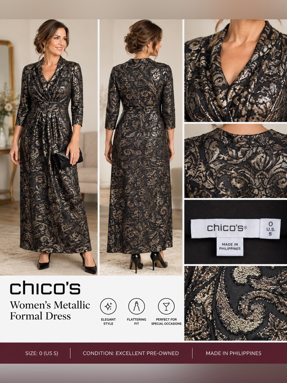 Chico’s Metallic Black Silver Burnout Maxi Dress Draped Neck Formal Evening